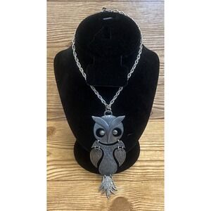 Vintage TORTOLANI Dark Pewter Silver Tone Statement Large Owl Necklace Halloween
